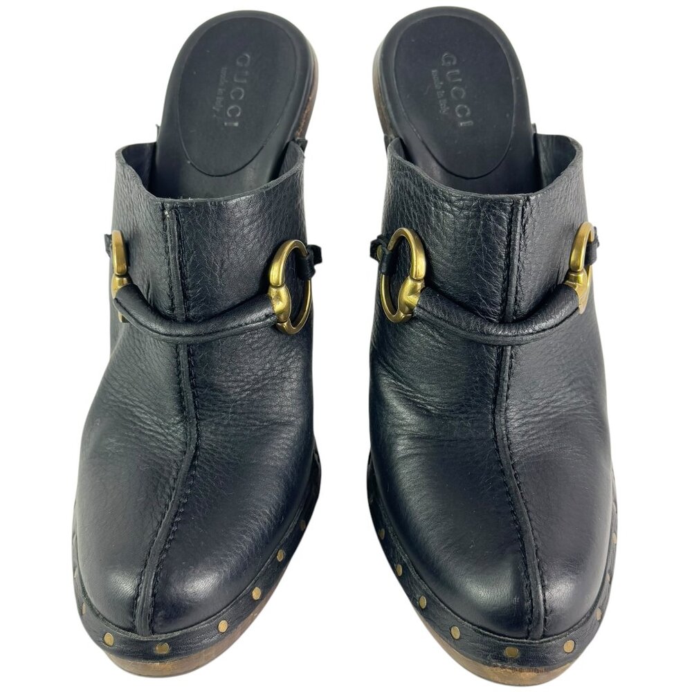 GUCCI Black Leather Horsebit Vintage Clog Pumps Made in Italy 7.5 B US